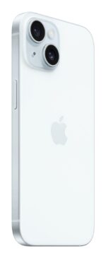 iPhone 15, mėlynas, matomas iš šono su ekrano ir kamerų detalėmis