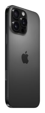 iPhone 16 Pro Max su ekranu, matomas iš šono, rodo plonus rėmelius