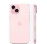 iPhone 15 128GB rožinė spalva, matomas iš šono su ekranu į priekį