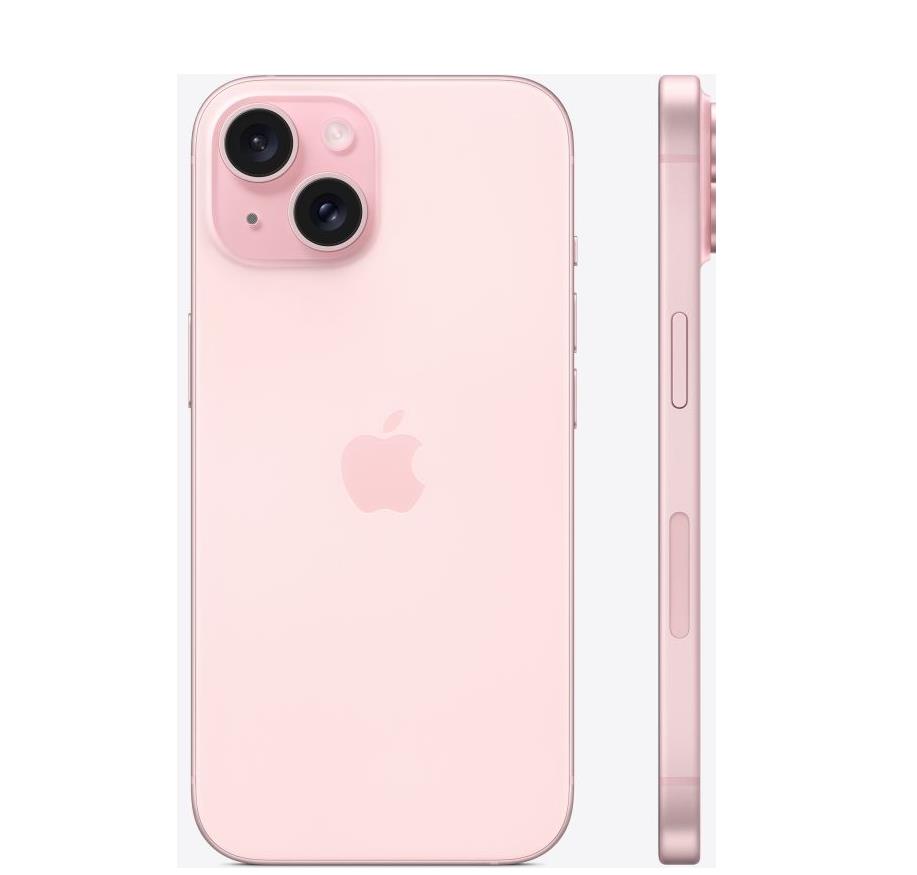 635d153c-c0e4-46b6-99da-0e8258c29127 iPhone 15 128GB rožinė spalva, matomas iš šono su ekranu į priekį