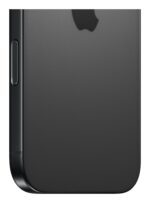 iPhone 16 Pro Max su juodu titanu, matomas iš šono, rodo kameros išdėstymą