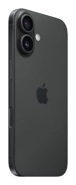 iPhone 16 juodas, šoninis vaizdas su ekrano ir kameros detalėmis