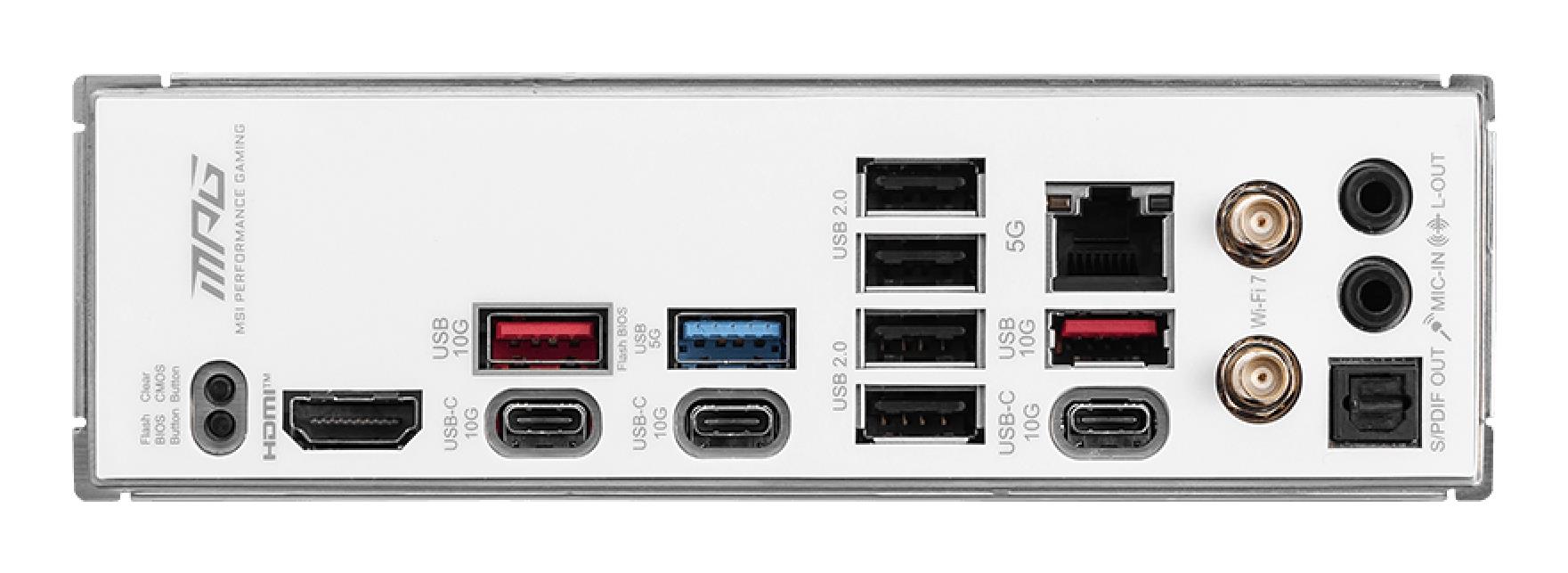 eeede649-01c2-43b2-99ba-860ae0c8e126 Motininė plokštė MSI MPG B850 EDGE TI WIFI, viršutinis vaizdas su jungtimis ir lizdais