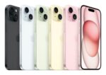 iPhone 15 juodas, šoninis vaizdas su matomu ekranu ir mygtukais