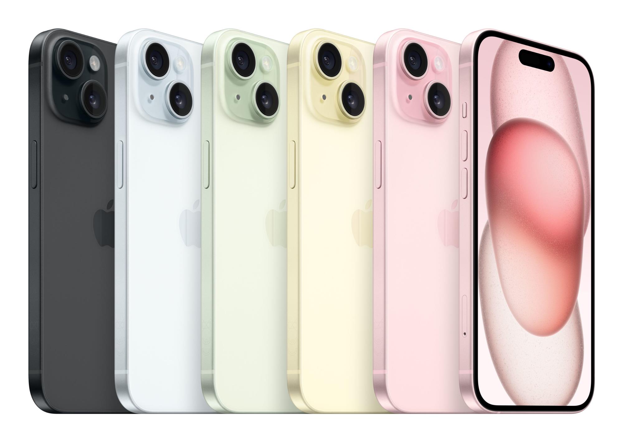f4df43d6-d9dc-42da-a41f-b5dc4721a938 iPhone 15 juodas, šoninis vaizdas su matomu ekranu ir mygtukais