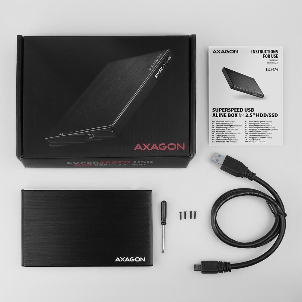 00a28d32-e843-4635-b442-fe693f448011 AXAGON EE25-XA6 išorinis dėklas, matomas iš šono, su USB 3.2 Gen 1 jungtimi