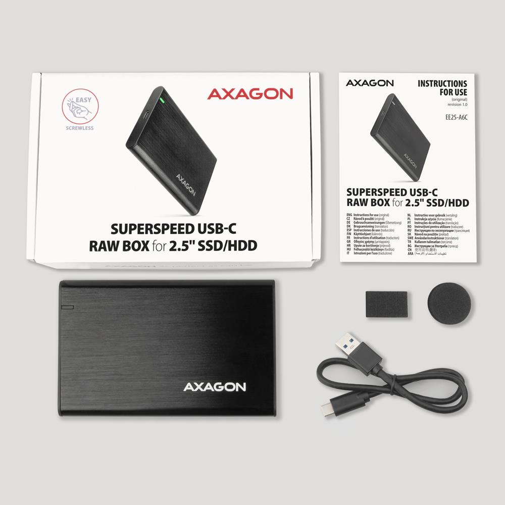 29493a3b-749c-49b3-aaeb-574f9705492e AXAGON EE25-A6C išorinis dėklas, matomas iš šono su USB-C jungtimi
