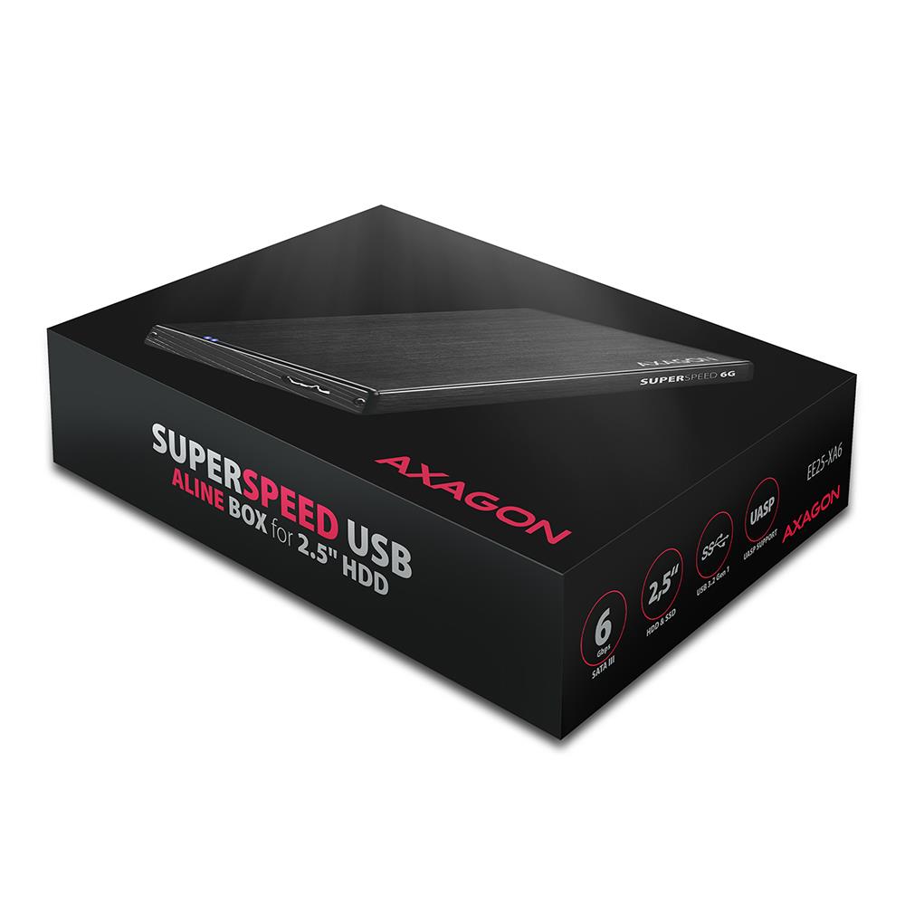 5c895008-95ff-4ddc-bc66-dc7d0bbf2ca9 AXAGON EE25-XA6 išorinis dėklas, matomas iš šono, su USB 3.2 Gen 1 jungtimi