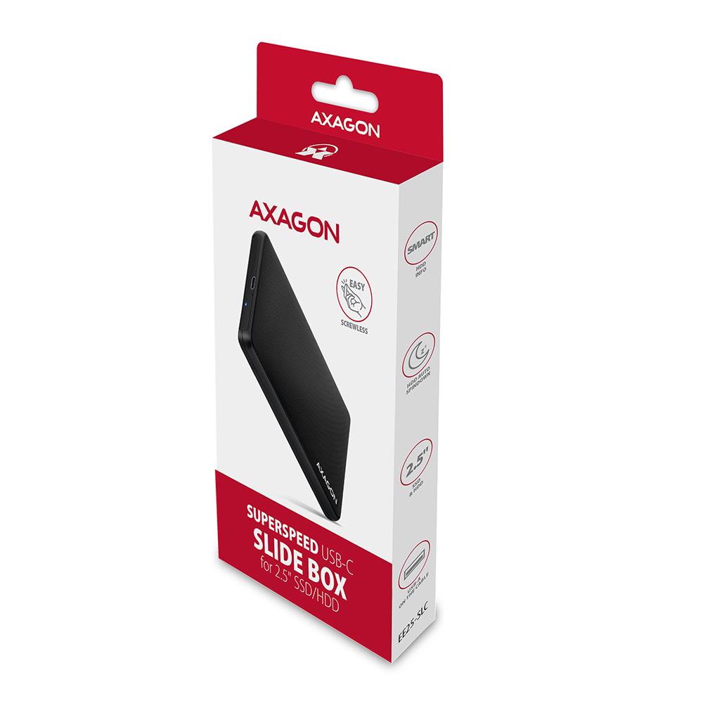 743c6326-b5b4-477c-97d5-1b1343dc0042 AXAGON EE25-SLC SSD/HDD dėžutė, matoma iš šono su USB-C jungtimi