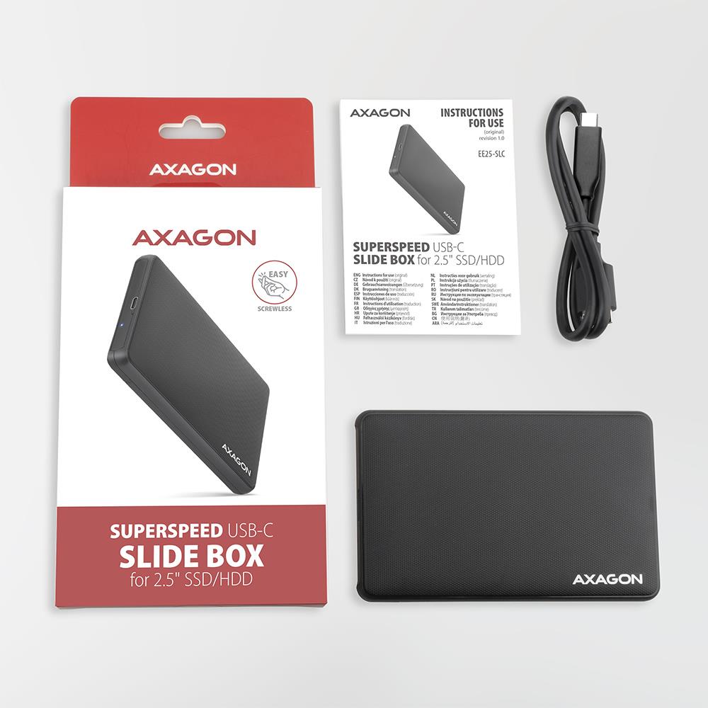 987499af-753f-4894-8778-e5a8dd412eff AXAGON EE25-SLC išorinis dėklas, matomas iš šono su USB-C jungtimi