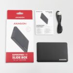 AXAGON EE25-SL SSD/HDD dėžutė, matoma iš šono su atidarytu dangteliu