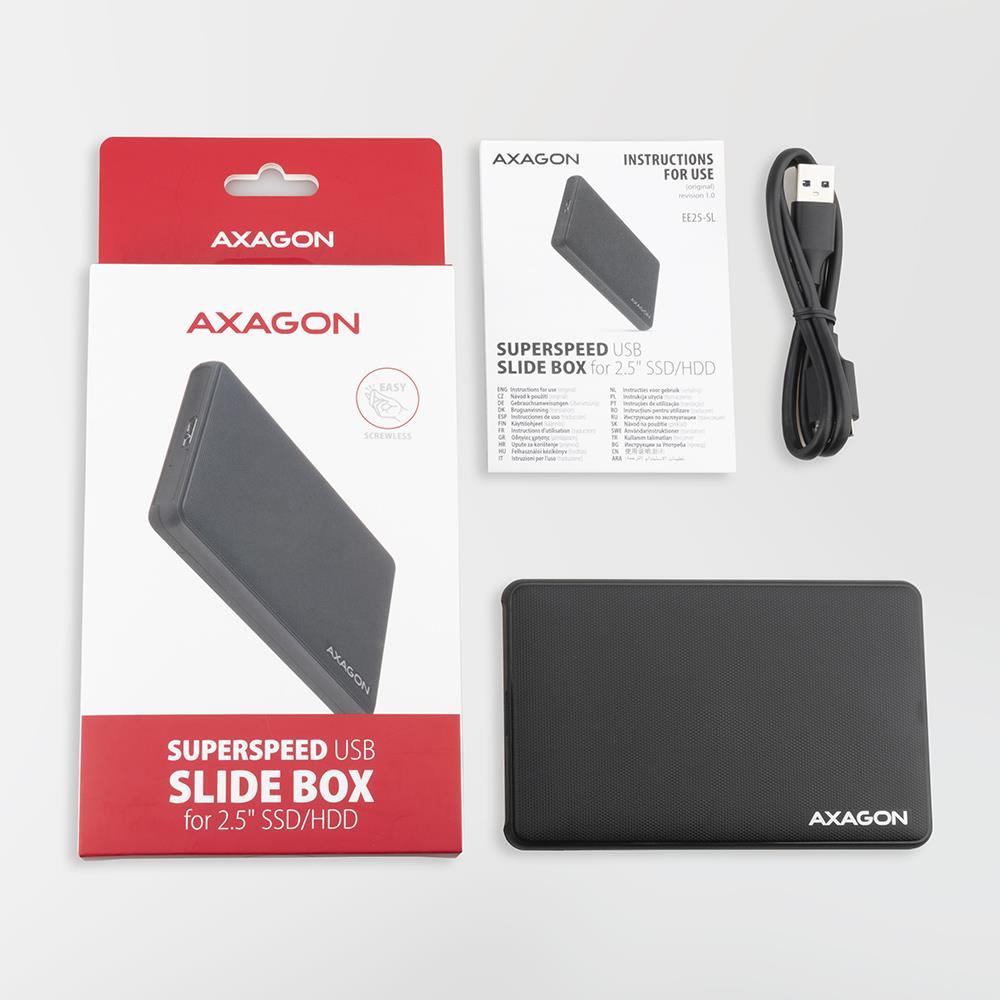 fc4e0b2f-b3e6-47c2-888c-1e5f87d878bb AXAGON EE25-SL SSD/HDD dėžutė, matoma iš šono su atidarytu dangteliu