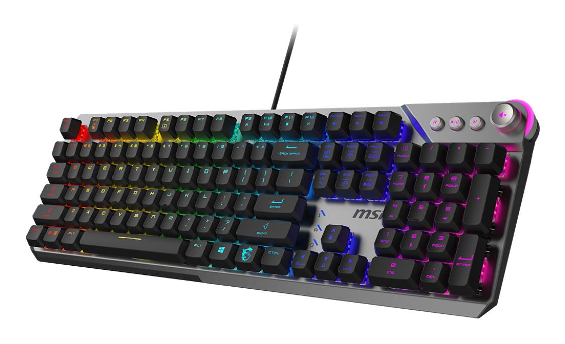 2bd6b34e-b5e9-4c9a-8de1-074551e0f3a0 Klaviatūra MSI STRIKE 600 SILENT US, šoninis vaizdas su RGB apšvietimu