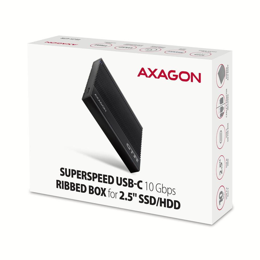 5e9942c0-9543-49c8-8efd-76b1bef6575d Ribotas AXAGON EE25-GTR USB-C dėklas, matomas iš šono, su prijungtu kabeliu