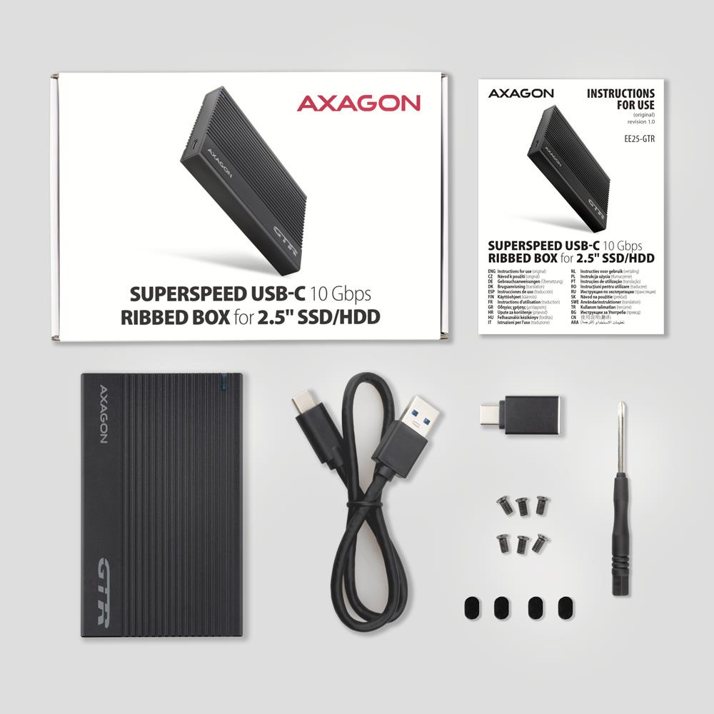 8bf53bd4-3cfe-413f-aff3-8fb92ab11924 AXAGON EE25-GTR USB-C 10Gbps RIBBED box su atidarymu ir jungtimis