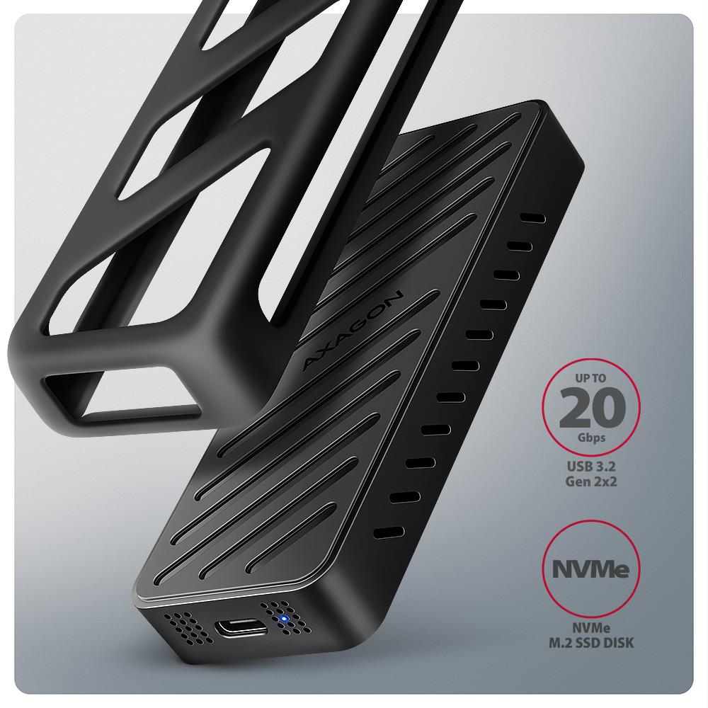 a296012f-da7b-4214-b5f6-93e8d81c26ae AXAGON EEM2-20G ARMORED dėžutė, matoma iš šono, su USB-C jungtimi