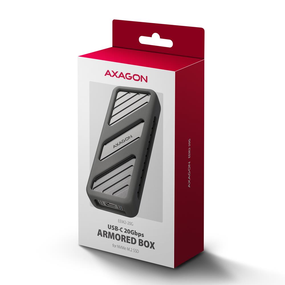 f1934282-d21b-4458-836b-37d6ba73a819 AXAGON EEM2-20G ARMORED dėžutė, matoma iš šono su USB-C jungtimi