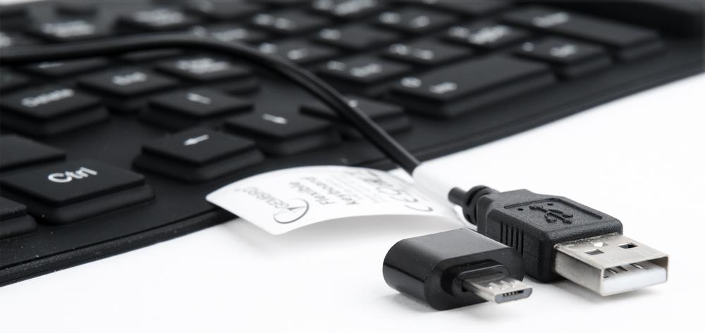 1e88f505-5ce5-4e31-a28f-faf0ea958615 Klaviatūra Gembird, lankstus dizainas, rodo šoną su USB ir PS/2 jungtimis