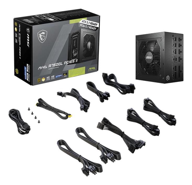 843f7c43-9506-48fd-baeb-c6147a9221a6 Maitinimo blokas MSI MAG A750GL PCIE5 II, šoninis vaizdas su jungtimis
