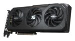 Vaizdo plokštė Gigabyte Radeon RX 9060 XT su matomais HDMI ir DisplayPort prievadais