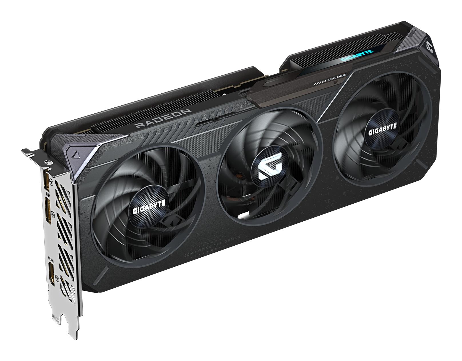 1a5eeae7-6069-4eec-a377-055fc16c701b Vaizdo plokštė Gigabyte Radeon RX 9060 XT, šoninis vaizdas su HDMI ir DisplayPort prievadais