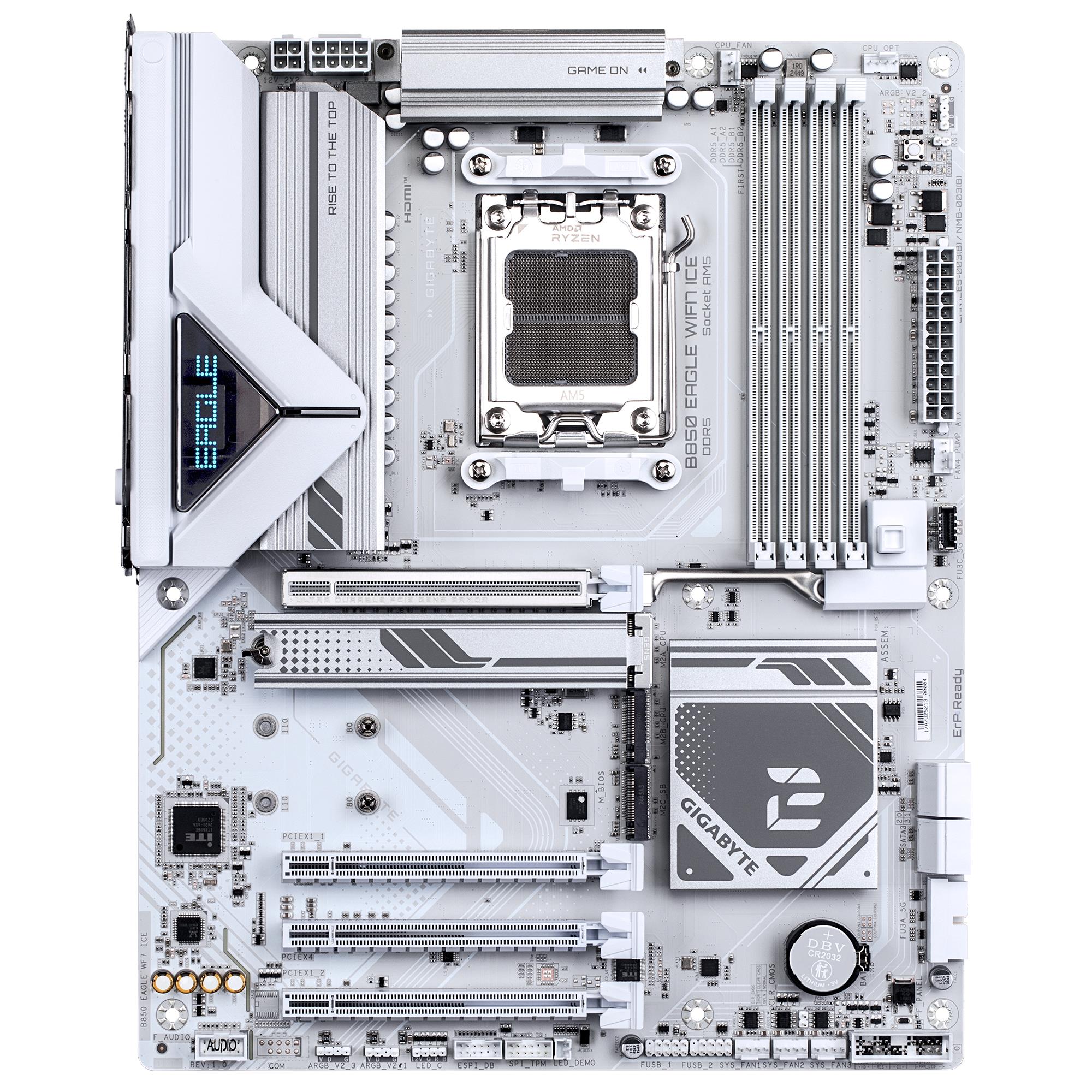 368ea476-9fc7-465f-9282-604661c76e4a Motininė plokštė Gigabyte B850 EAGLE WF7 ICE, šoninis vaizdas su jungtimis