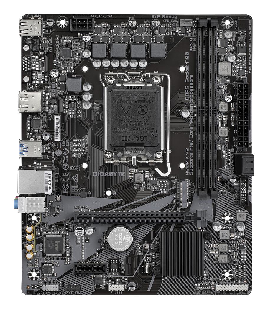 41eab8f6-6f49-4fc4-baf9-fd2d068ad2d1 Motininė plokštė Gigabyte H610M K V2, šoninis vaizdas su jungtimis