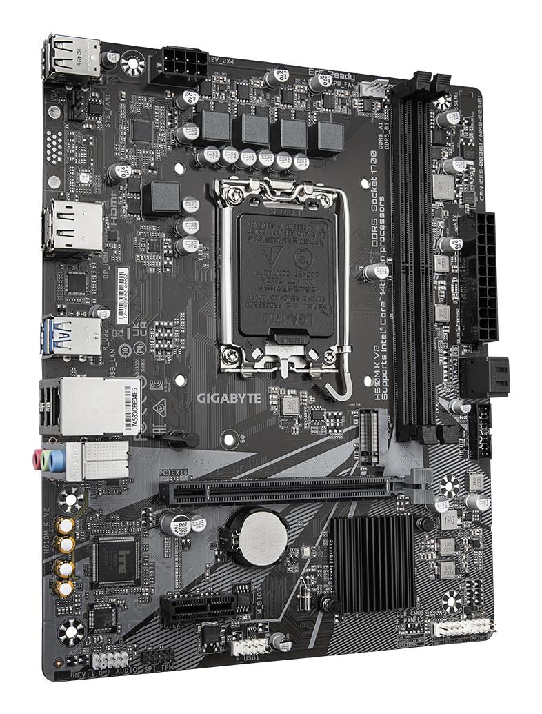 486d613c-9340-473f-97d6-4bbc9a3a0e29 Motininė plokštė Gigabyte H610M K V2, šoninis vaizdas su jungtimis