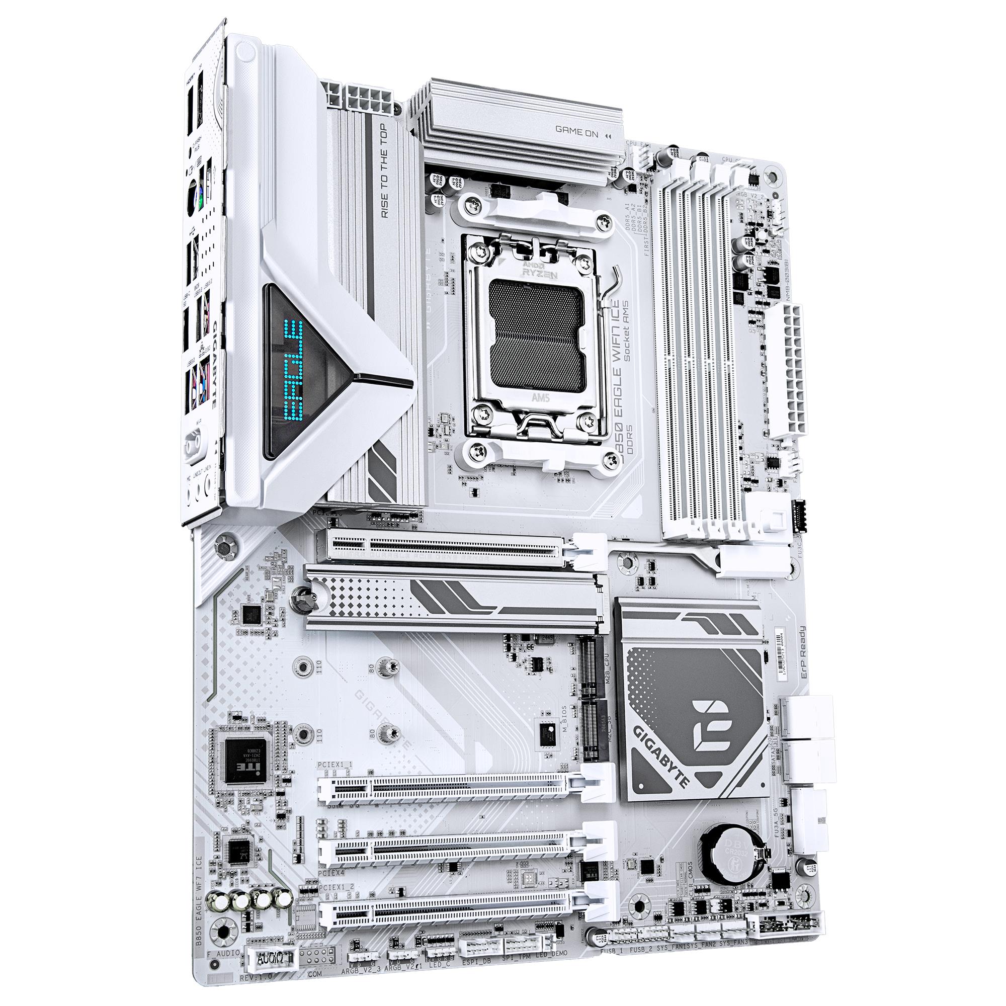 4e924441-24aa-4bc0-bf39-ad45387ba68e Motininė plokštė Gigabyte B850 EAGLE WF7 ICE, šoninis vaizdas su jungtimis