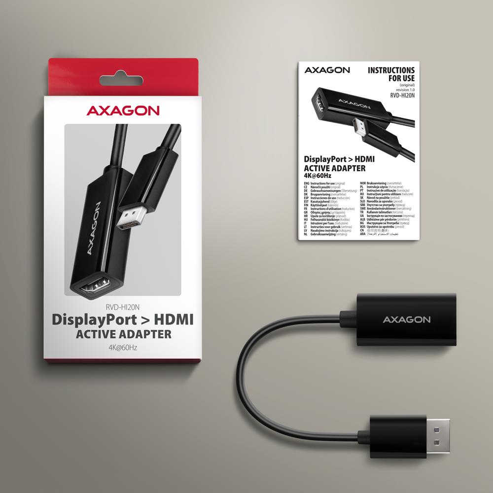 8c67a542-189f-42ec-8de2-6bad03cce952 Adapterio RVD-HI20N su DisplayPort ir HDMI jungtimis, matomas iš šono