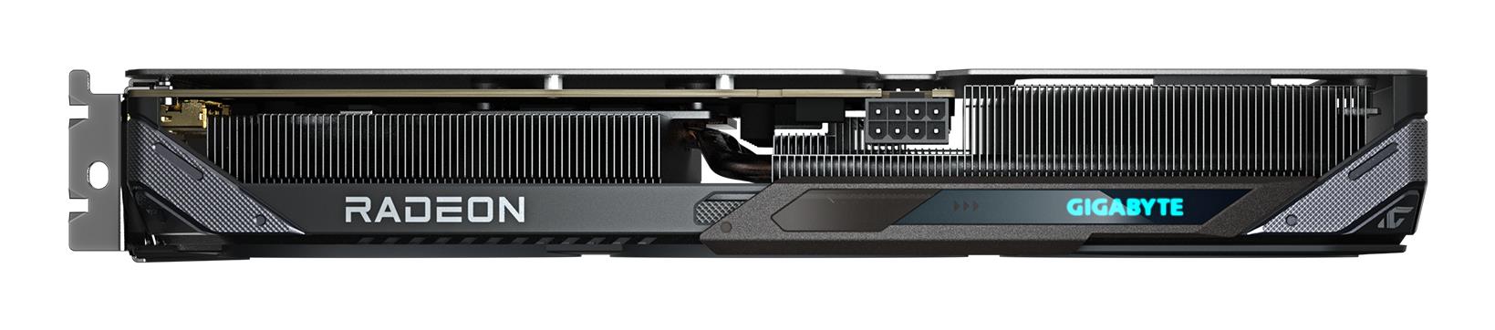 b96f9f38-dc07-483e-b1ab-7be29ada5afe Vaizdo plokštė Gigabyte Radeon RX 9060 XT, šoninis vaizdas su HDMI ir DisplayPort prievadais