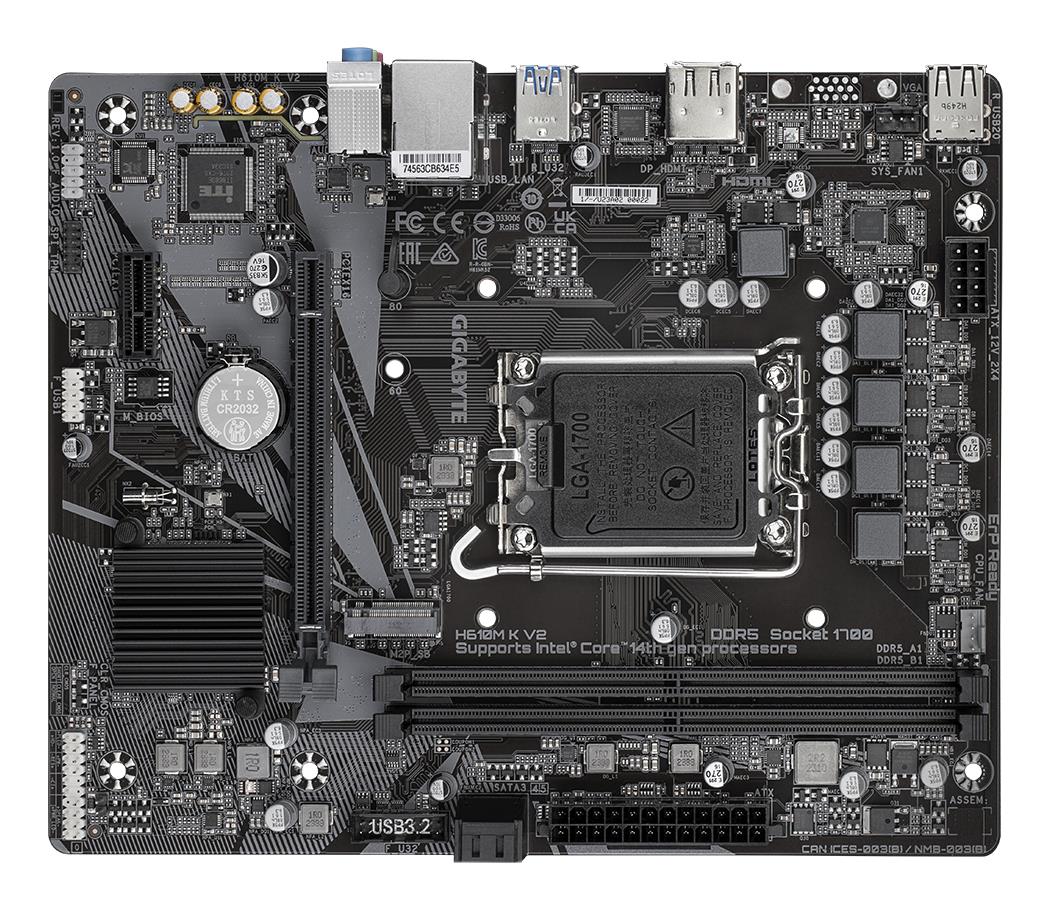be07d9ec-b734-4bc7-ac32-ae228c166725 Motininė plokštė Gigabyte H610M K V2, matoma iš viršaus su DDR5 atmintimi