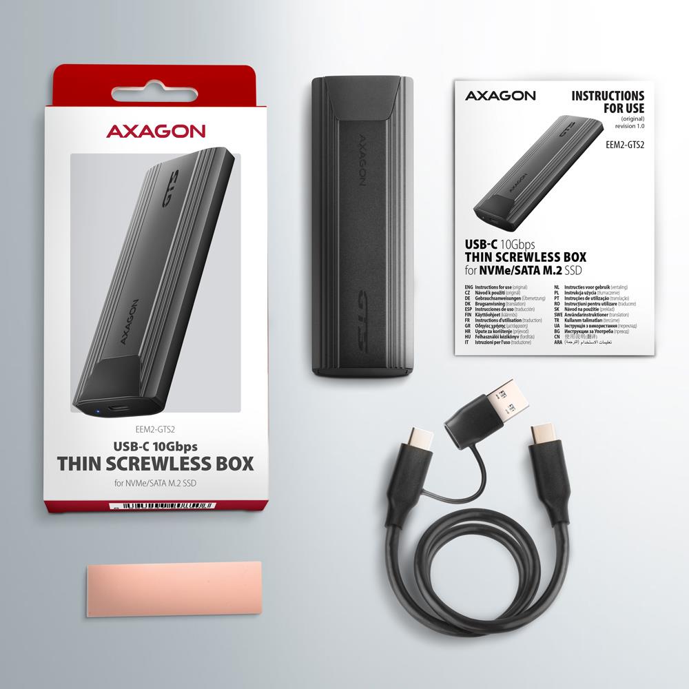 df373df6-632d-4c35-afc0-b6b508f83549 AXAGON EEM2-GTS2 dėžutė, matoma iš šono, su USB-C jungtimi