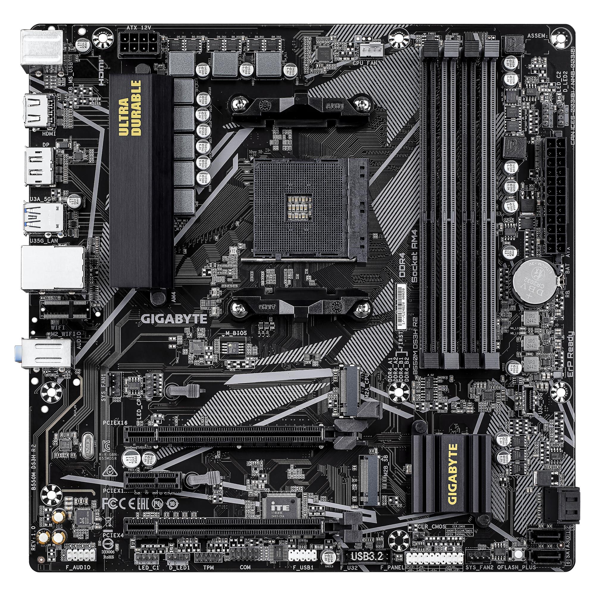 e2373ba3-2d26-4a8c-9936-a8dd00ec7b50 Motininė plokštė Gigabyte B550M DS3H R2, viršutinis vaizdas su jungtimis