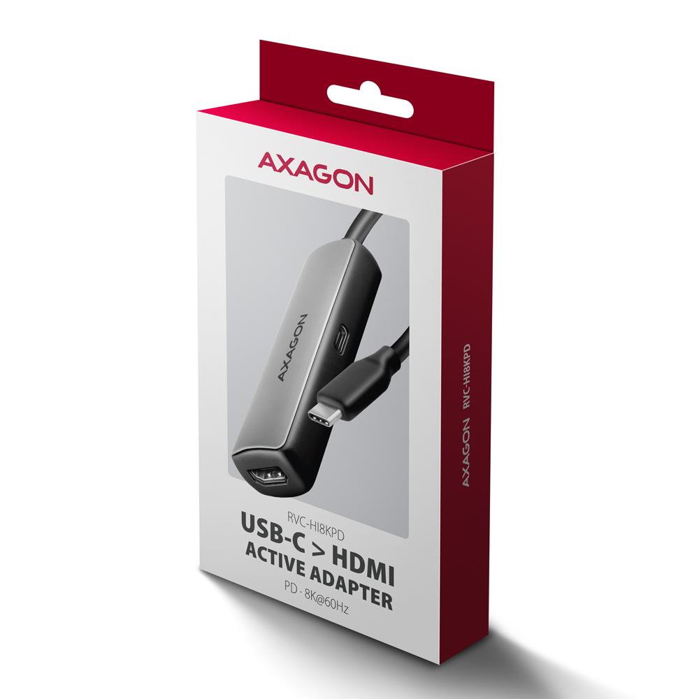 ed5d43f0-cf93-4c81-8bae-f8a34fb5213c Adapteris AXAGON RVC-HI8KPD, matomas iš šono su prijungtu HDMI kabeliu