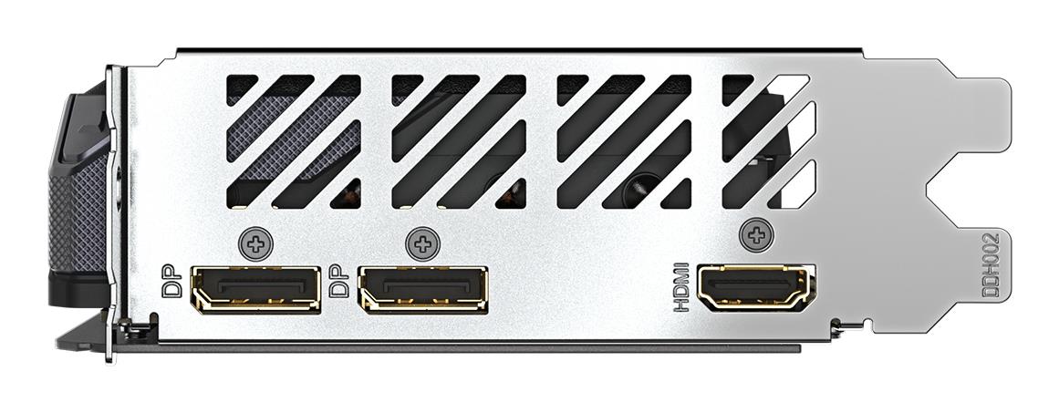 f63480d5-78f4-4114-bec6-e6202b21f863 Vaizdo plokštė Gigabyte Radeon RX 9060 XT, šoninis vaizdas su HDMI ir DisplayPort prievadais