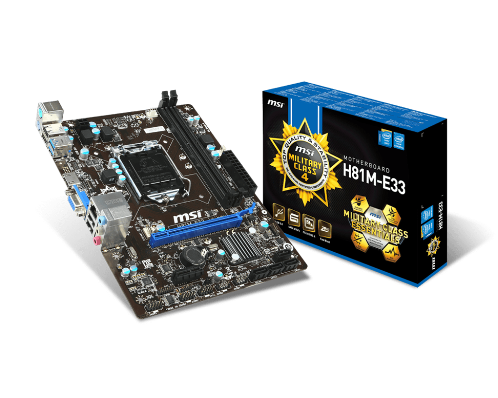 1024 MSI H81M-E33 micro-ATX pagrindinė plokštė su Intel 4-os ir 5-os kartos procesoriais