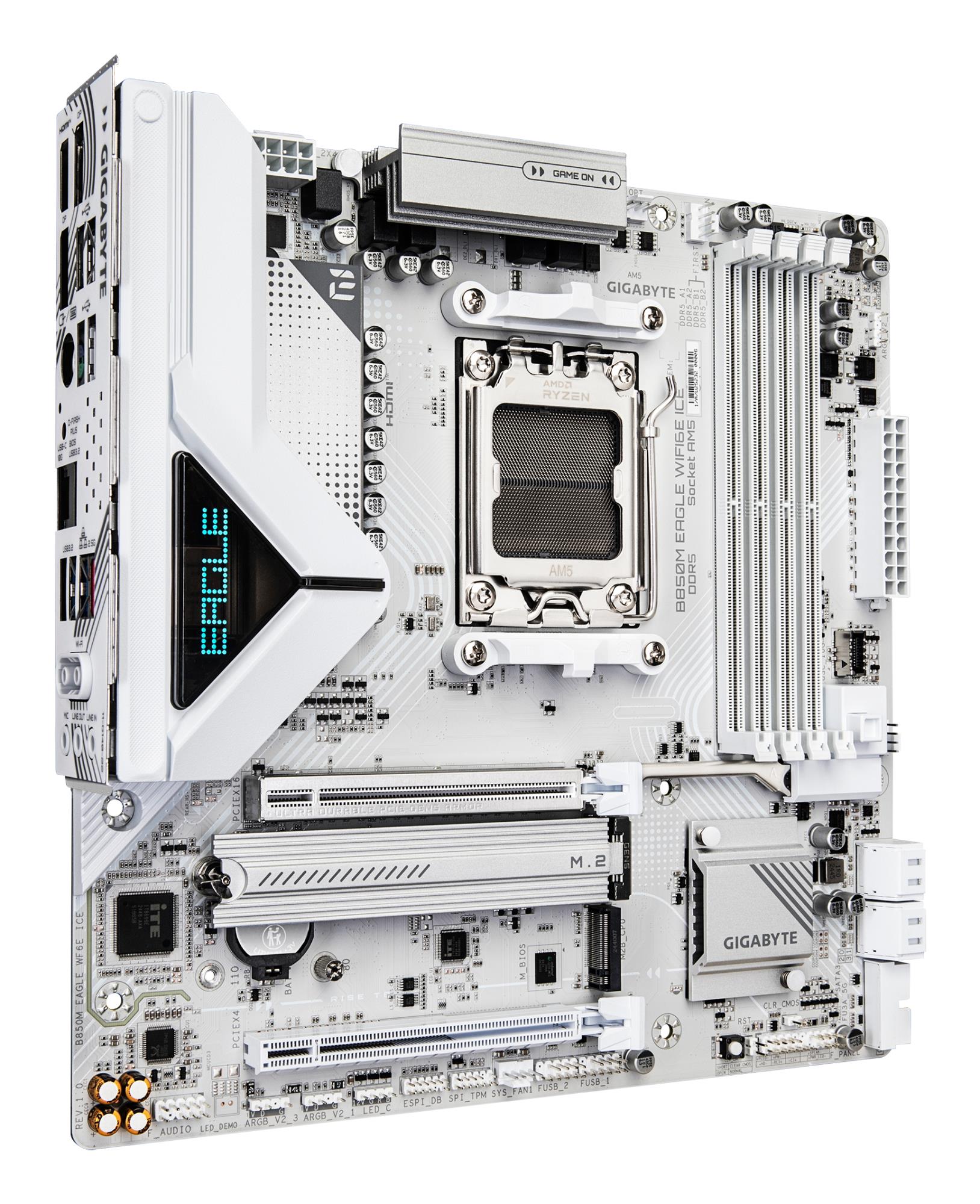 83bc6ab1-9f50-4533-9230-9de6211f0467 Gigabyte B850M EAGLE WF6E ICE | Processor family AMD | Processor socket AM5 | DDR5 | Supported hard disk drive interfaces SATA, M.2 | Number of SATA connectors 4
