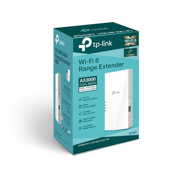 bc4d3f25-f324-486e-a1b4-a613eaf359d2 TP-LINK | AX3000 Mesh WiFi 6 Extender | RE700X | 802.11ax | Mesh Support Yes | 2402+574 Mbit/s | Ethernet LAN (RJ-45) ports 1 | No mobile broadband | MU-MiMO No | Antenna type 2xInternal