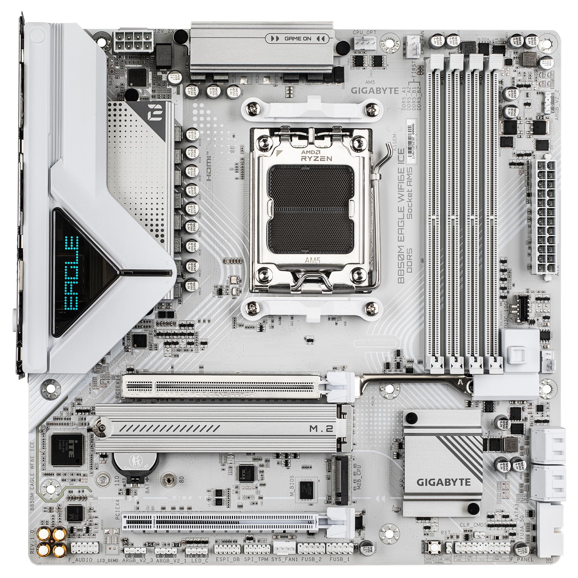 c78b6cc6-96b3-47d5-8918-d8e95bd495e5 Gigabyte B850M EAGLE WF6E ICE | Processor family AMD | Processor socket AM5 | DDR5 | Supported hard disk drive interfaces SATA, M.2 | Number of SATA connectors 4