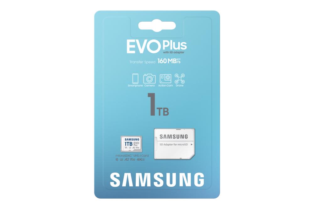 14c7f900-617c-4cc2-84d8-f475e66cd10d SAMSUNG EVO Plus microSDXC 1TB kortelės pakuotė su informacija