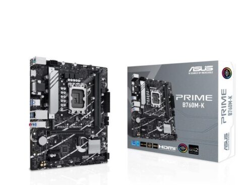 Mainboard ASUS Intel B760 Express LGA1700 Micro-ATX Memory DDR5 Memory slots 2 2xPCI-Express 4.0 1x 1xPCI-Express 4.0 16x 2xM.2 1x15pin D-sub 1xHDMI 2xUSB 2.0 4xUSB 3.2 1xPS/2 1xRJ45 3xAudio port PRIMEB760M-K