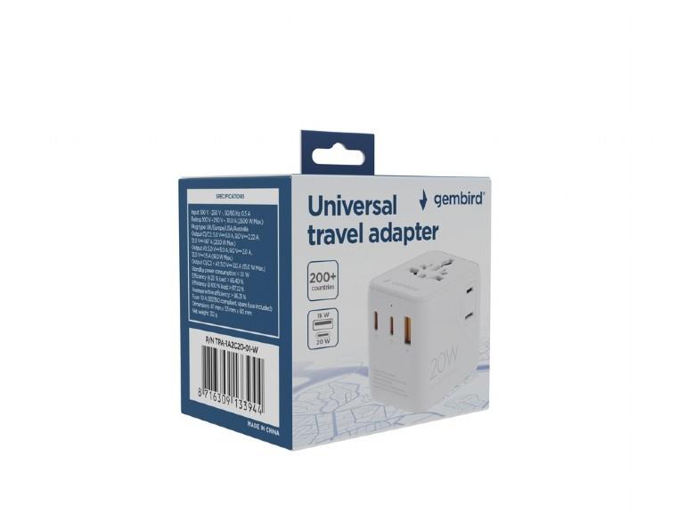 46d9a5a2-56de-4c96-b691-d994e8b0ed1e Gembird TPA-1A2C20-01-W Universal travel power adapter, 20 W, white | Gembird