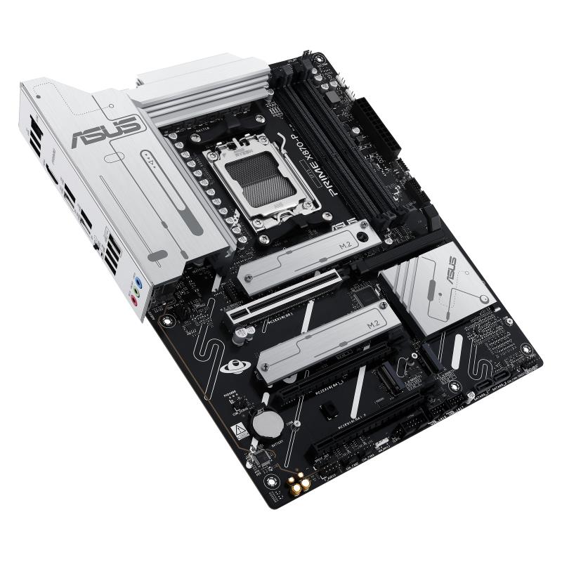53f39593-0ae8-4007-82f1-f29b73378c5e Motininė plokštė ASUS PRIME X870-P, šoninis vaizdas su jungtimis ir aušinimo sprendimais