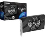 Vaizdo plokštė ASROCK Intel Arc A380, matoma iš šono su aušinimo ventiliatoriumi