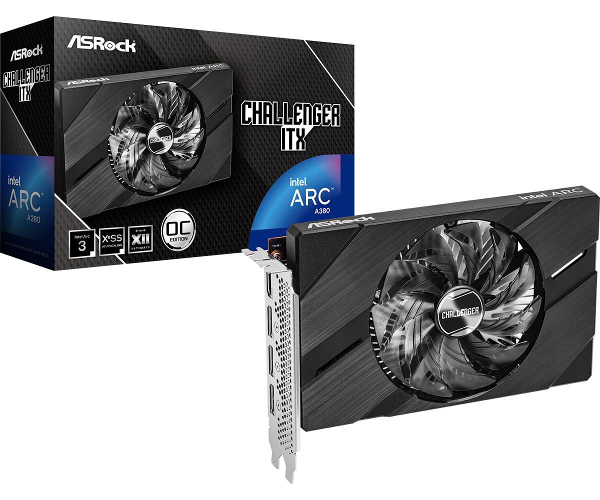 54d39fd8-8b18-41c5-b65f-7572c06eb3bd Vaizdo plokštė ASROCK Intel Arc A380, matoma iš šono su aušinimo ventiliatoriumi