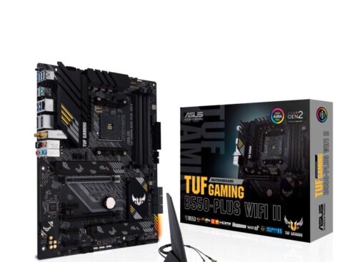 Mainboard ASUS AMD B550 SAM4 ATX Memory DDR4 Memory slots 4 1xPCI-Express 3.0 1x 1xPCI-Express 3.0 4x 1xPCI-Express 4.0 16x 2xM.2 1xHDMI 1xDisplayPort 2xAudio-In 3xAudio-Out 2xUSB 2.0 1xUSB type C 5xUSB 3.2 1xOptical S/PDIF 1xRJ45 TUFGAMB550-PLUSWIFIII