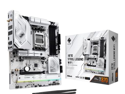 Mainboard ASROCK AMD X870 SAM5 ATX Memory DDR5 Memory slots 4 1xPCI-Express 4.0 16x 1xPCI-Express 5.0 16x 4xM.2 1xHDMI 4xUSB 2.0 5xUSB 3.2 2xUSB-C 1xOptical S/PDIF 1xRJ45 2xAudio port X870STEELLEGENDWIFI