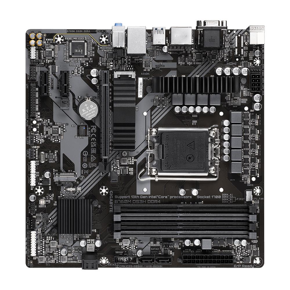 718d35a7-36ea-44b6-8270-7b6770e2c7d9 Motininė plokštė GIGABYTE B760MDS3HDDR4, šoninis vaizdas su jungtimis