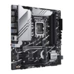 Motininė plokštė ASUS PRIME Z790M-PLUS su matomais jungčių išdėstymais ir aušinimo sprendimais
